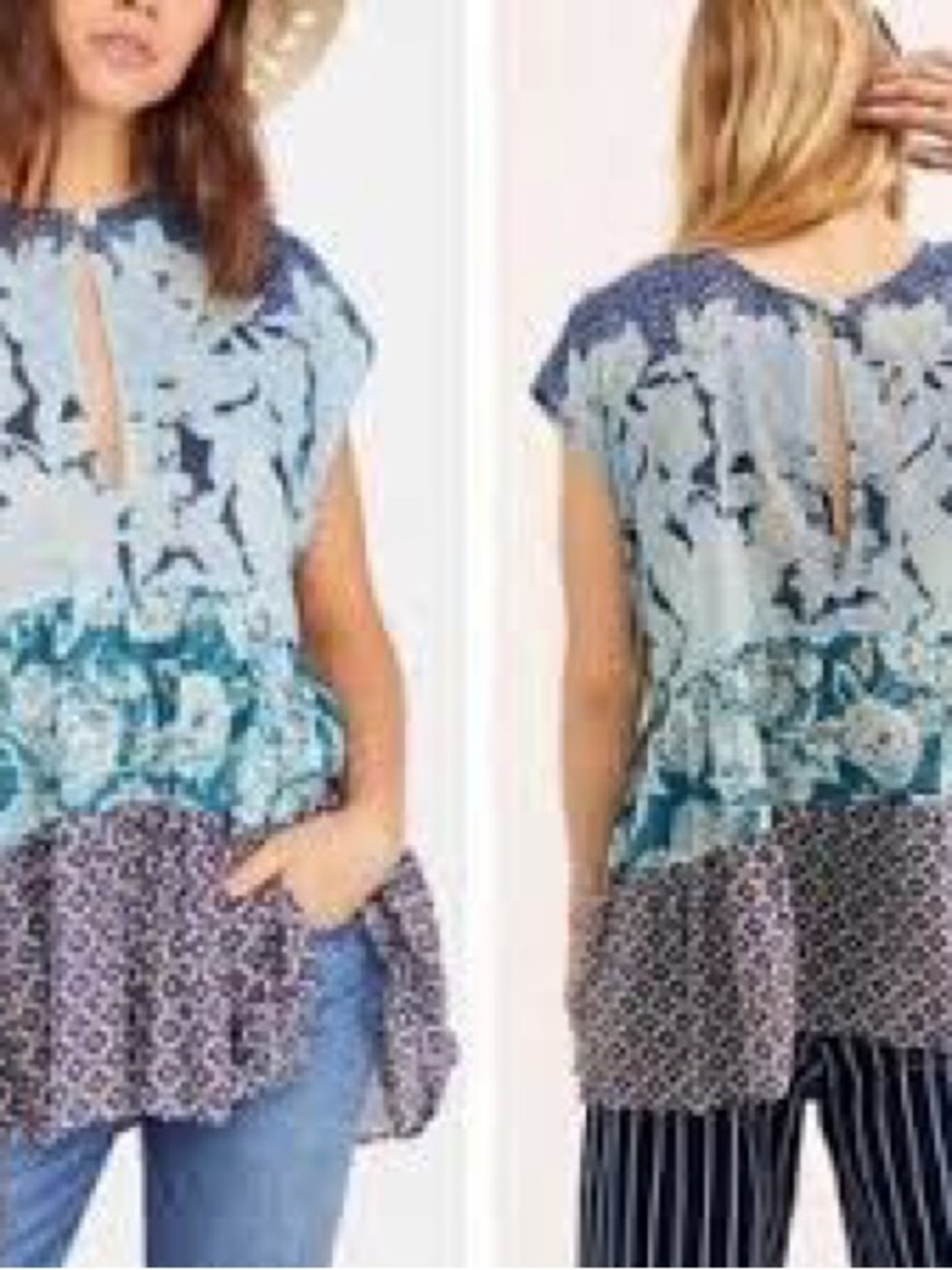 Free People Blue Multi-Pattern Tiered Keyhole Tunic